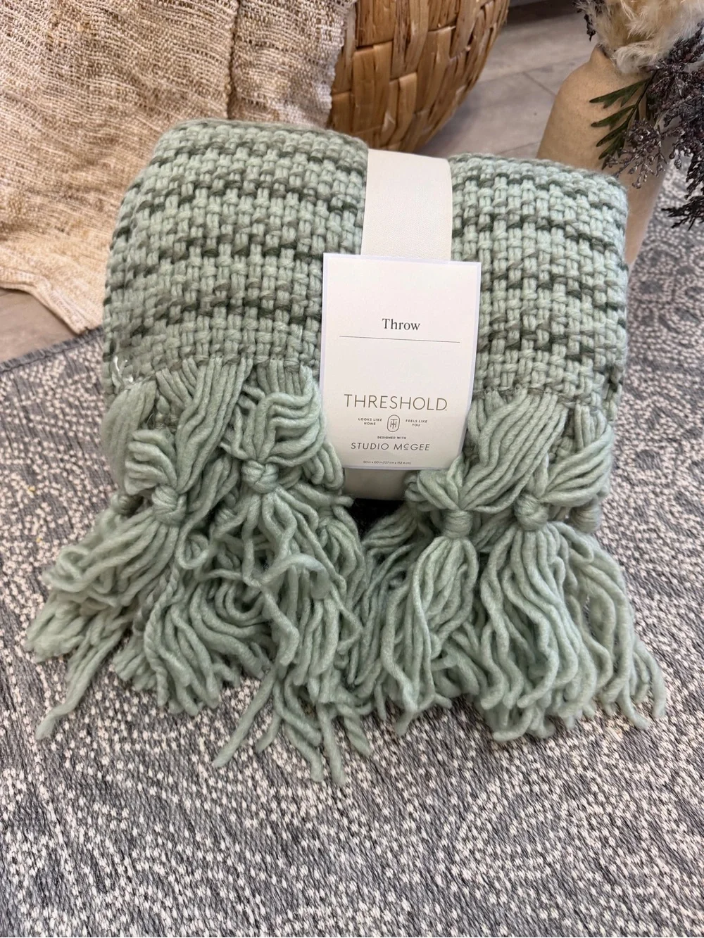 Studio McGee Mint Sage Knit Throw with Fringe
